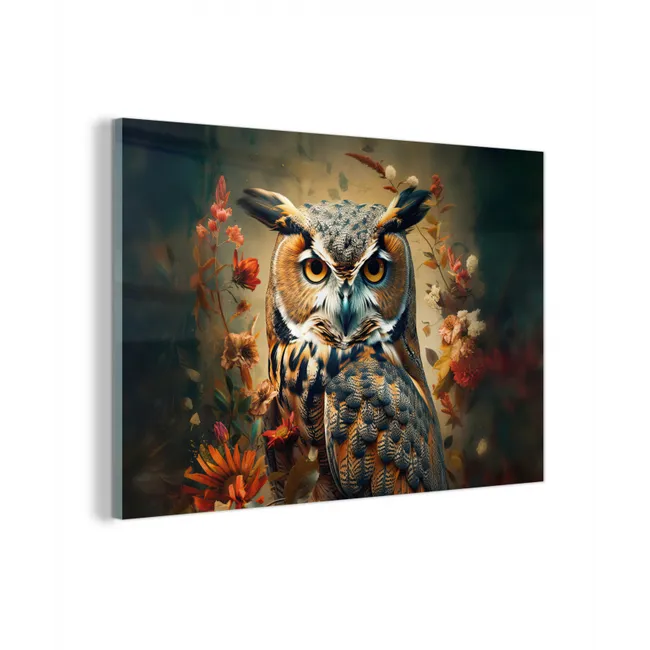 Glas schilderij - Uil - Vogel - Bloemen - Planten - Botanisch