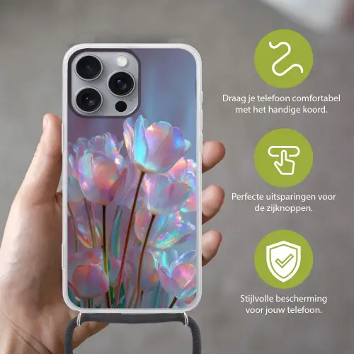 Tulpen - Glazen - Bloemblaadjes - Pasteltinten Hoesje iPhone 16 Pro Max met koord klein -sfeer2_NL
