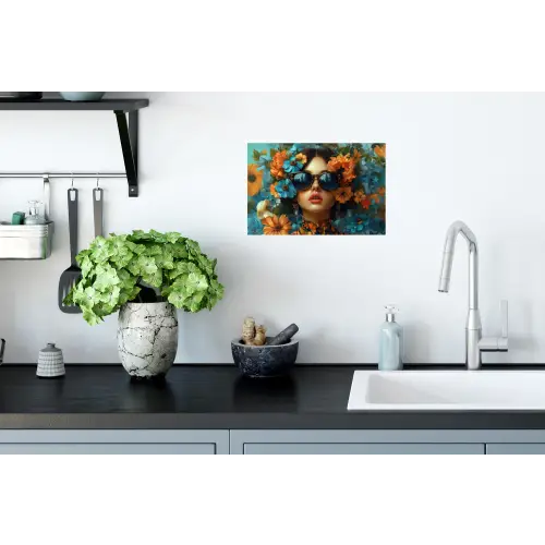 Vrouw - Bloemen - Oranje - Blauw - Modern Muursticker klein -keuken