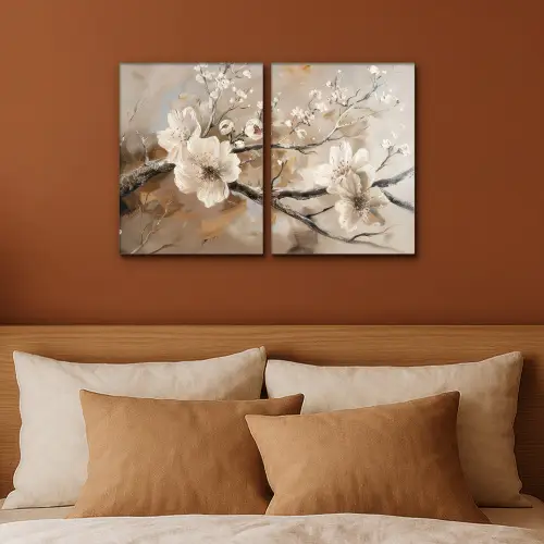 Bloesem - Beige - Abstract - Bloemen Canvas - Meerluiken 2 luik klein -sfeer2