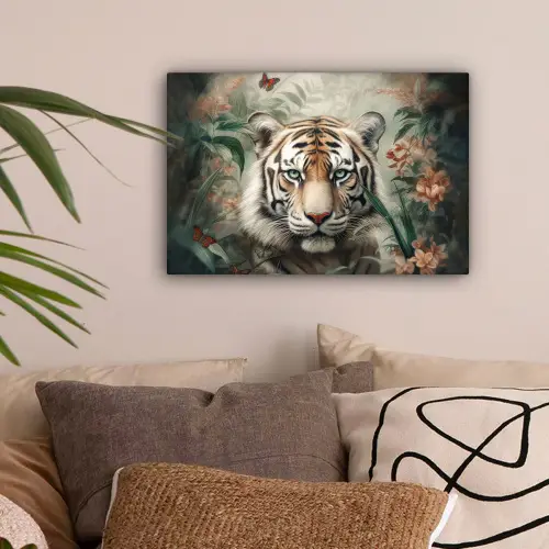 Tijger - Vlinders - Dieren - Jungle - Bloemen canvas 2cm klein -sfeer1