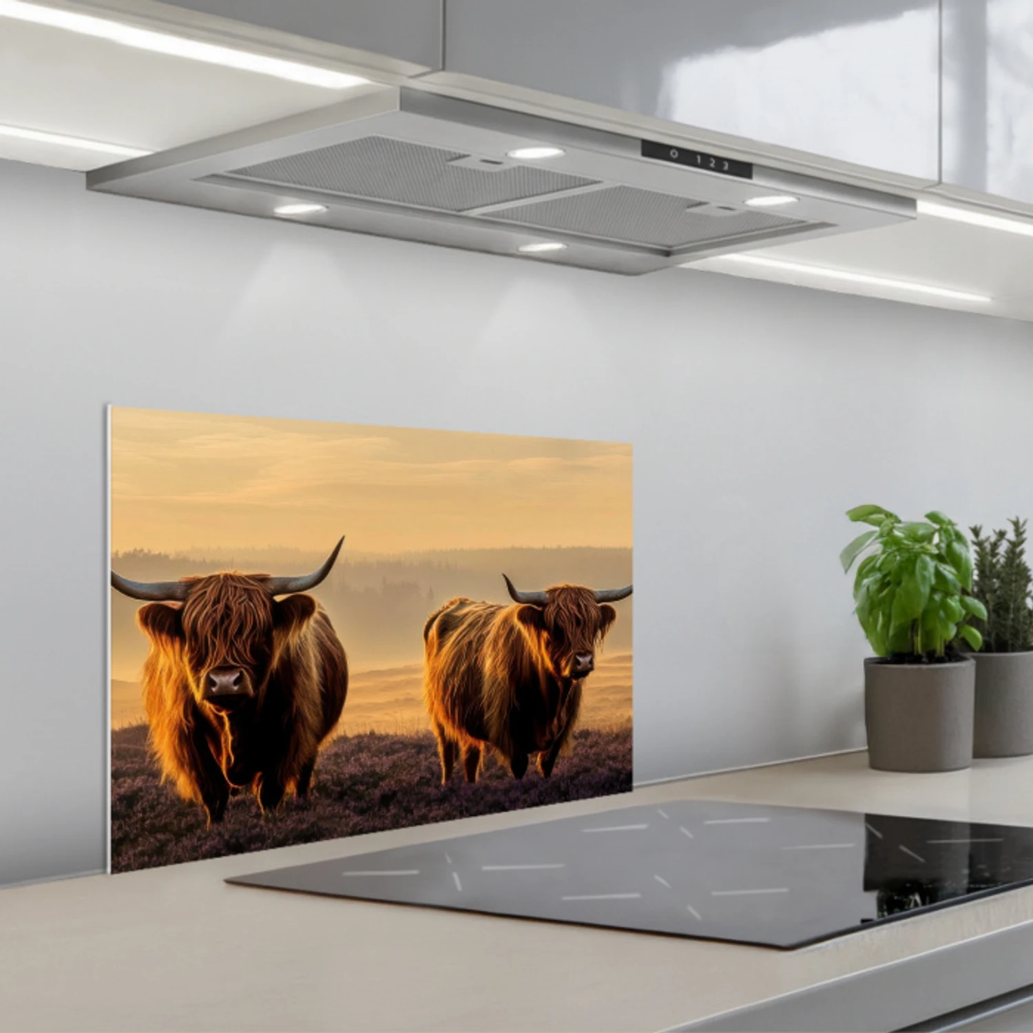 Schotse hooglanders - Heide - Landschap - Dieren keuken achterwand spatscherm klein -3d_schuin
