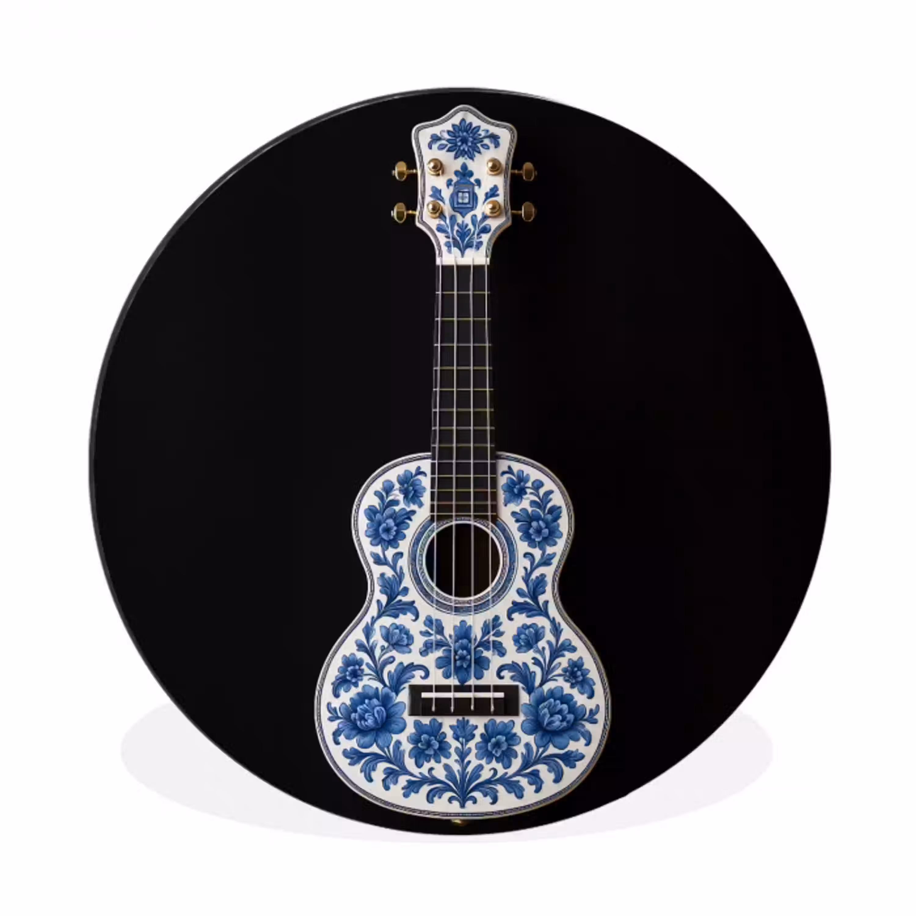 Ukelele - Delfts - Blauw - Muziek Wandcirkel aluminium klein -3d