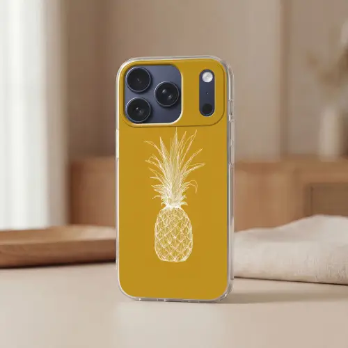 Lijnillustratie - Ananas - Bladkroon - Okergeel Telefoonhoesje iPhone 17 Pro klein -sfeer2