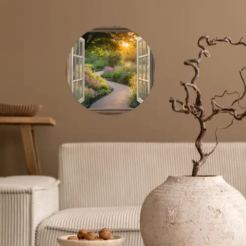 Doorkijk - Bloemen - Natuur - Zon - Pad Wandcirkel behangsticker klein -sfeer1