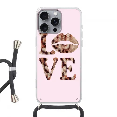 Tekst - Love - Pantervacht - Lichtroze Hoesje iPhone 16 Pro Max met koord klein -3d