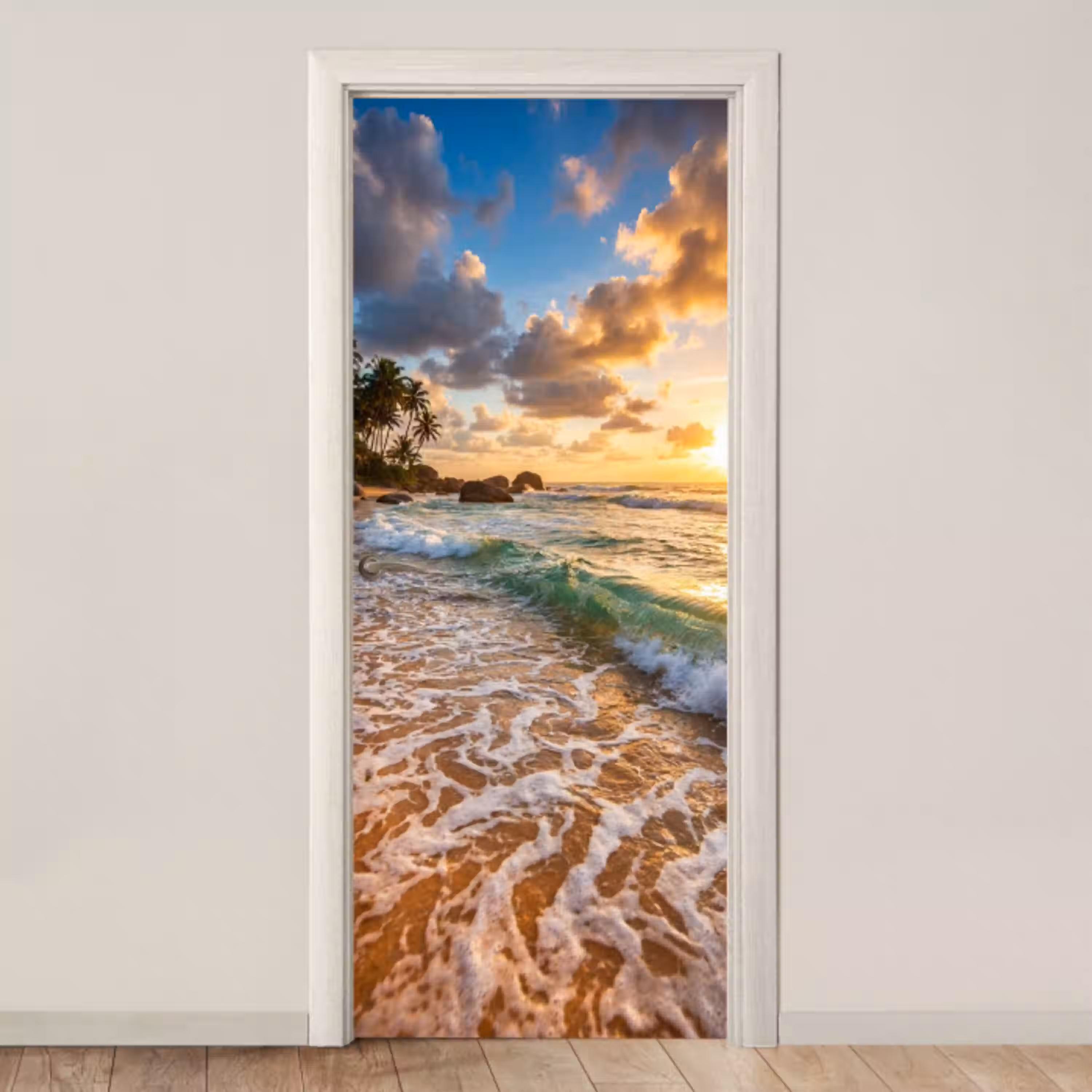 Strand - Zonsondergang - Golven - Natuur - Goud deurposter klein -3d_beige