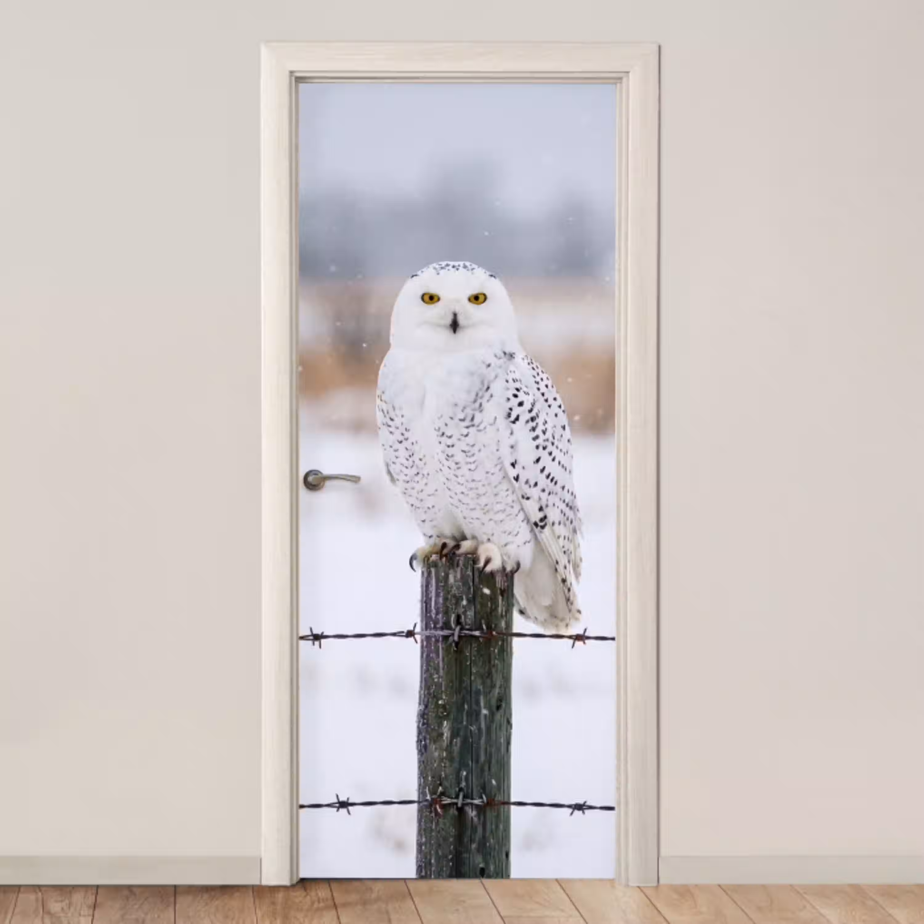 Sneeuwuil - Hek - Sneeuw - Wit deurposter klein -3d_beige