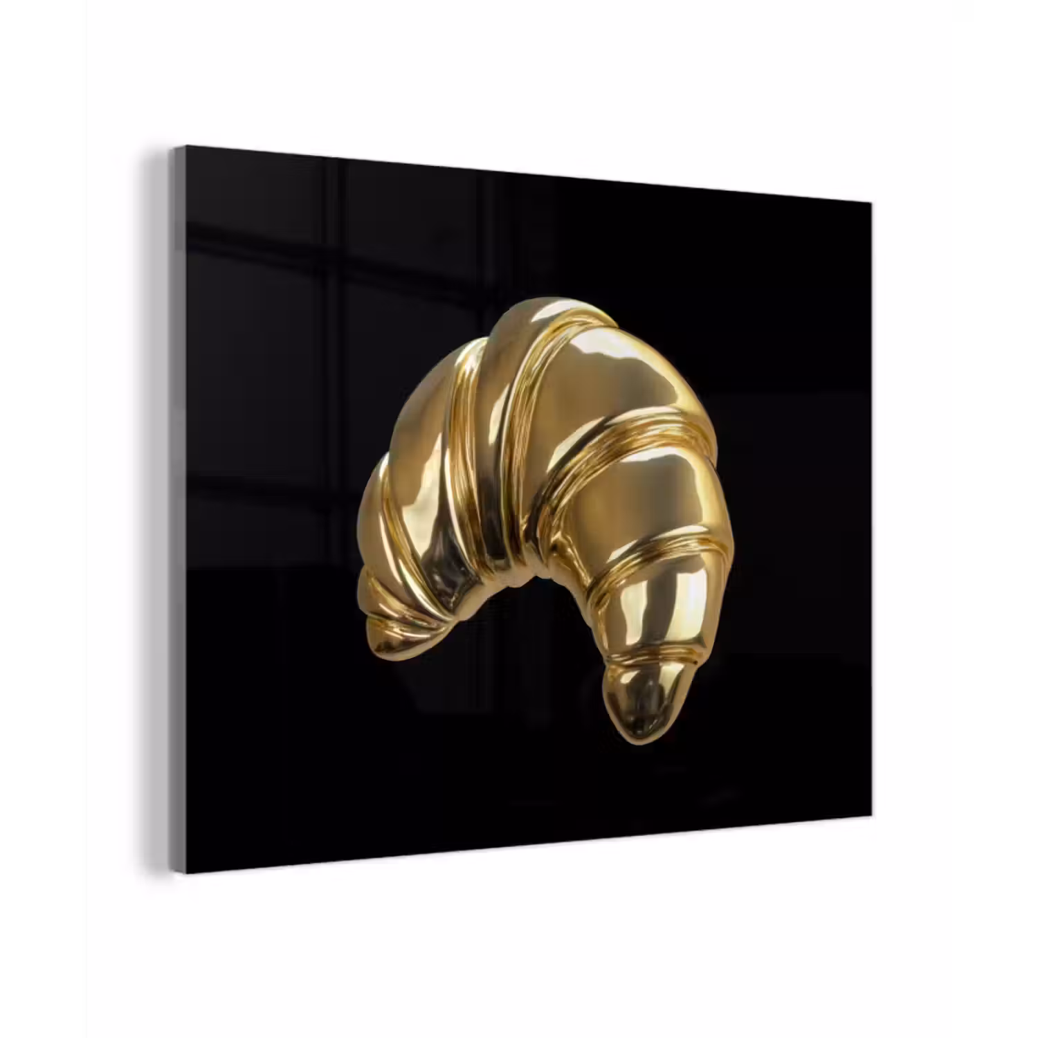 Glas schilderij - Croissant - Brood - Goud - Zwart