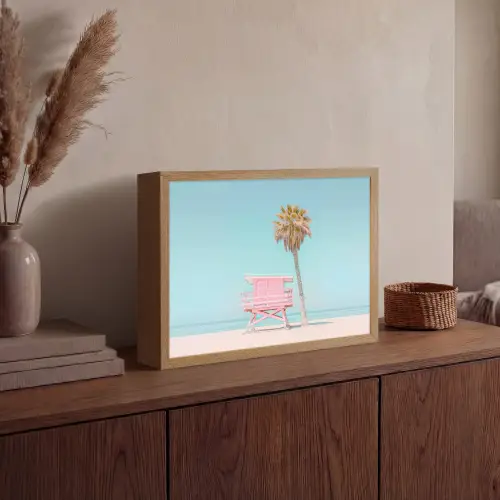 Palmboom - Strandhuis - Roze Light Box met batterij (Wandlamp) middel -sfeer2