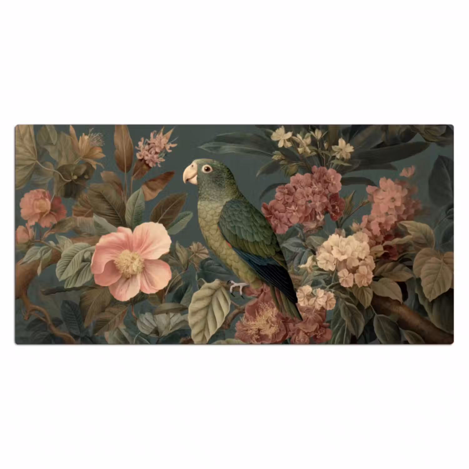 Schreibtischunterlage - Grüner Papagei - Bunte Blumen - Dunkler Hintergrund