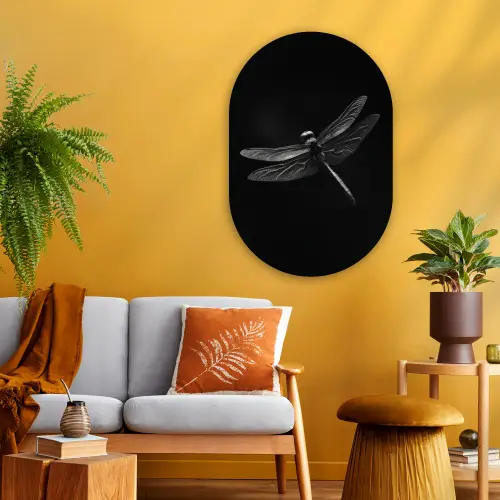 Libelle - Dieren - Zwart - Insect Wandcirkel Ovaal Glas middel -sfeer4