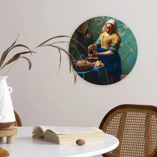 Melkmeisje - Amandelbloesem - Van Gogh - Vermeer - Schilderij - Oude meesters Wandcirkel kunststof plaat 5mm dik klein -sfeer4