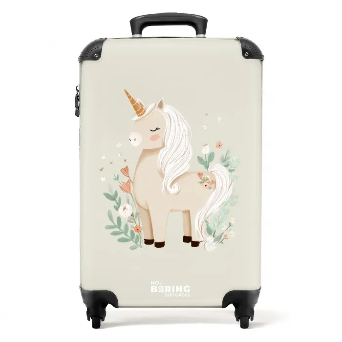 Eenhoorn tussen bloemen in beige kleuren NBS - Handbagage koffer - Kinderen Unisex middel -productfoto_recht