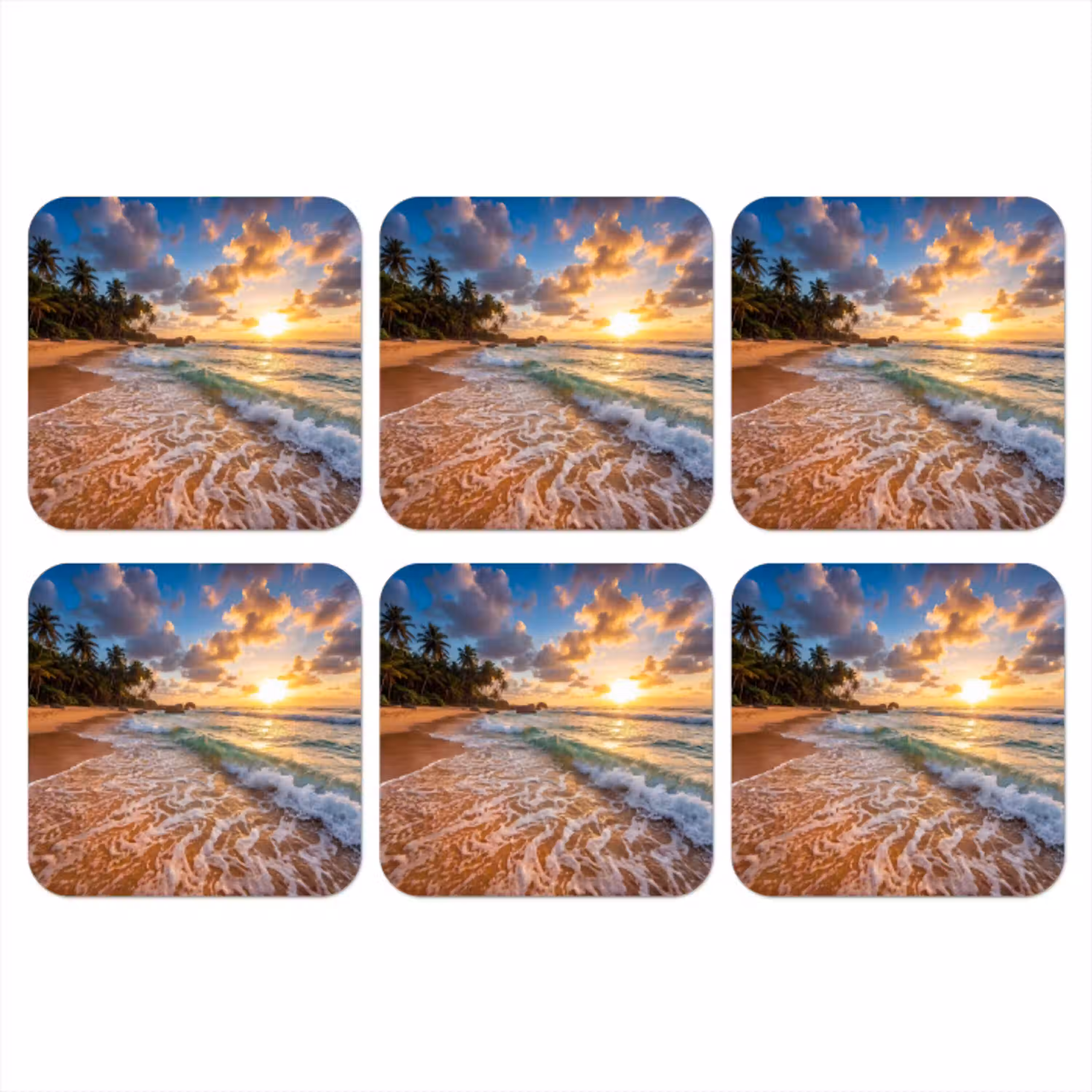 Strand - Zonsondergang - Golven - Natuur - Goud onderzetter kurk middel -3d
