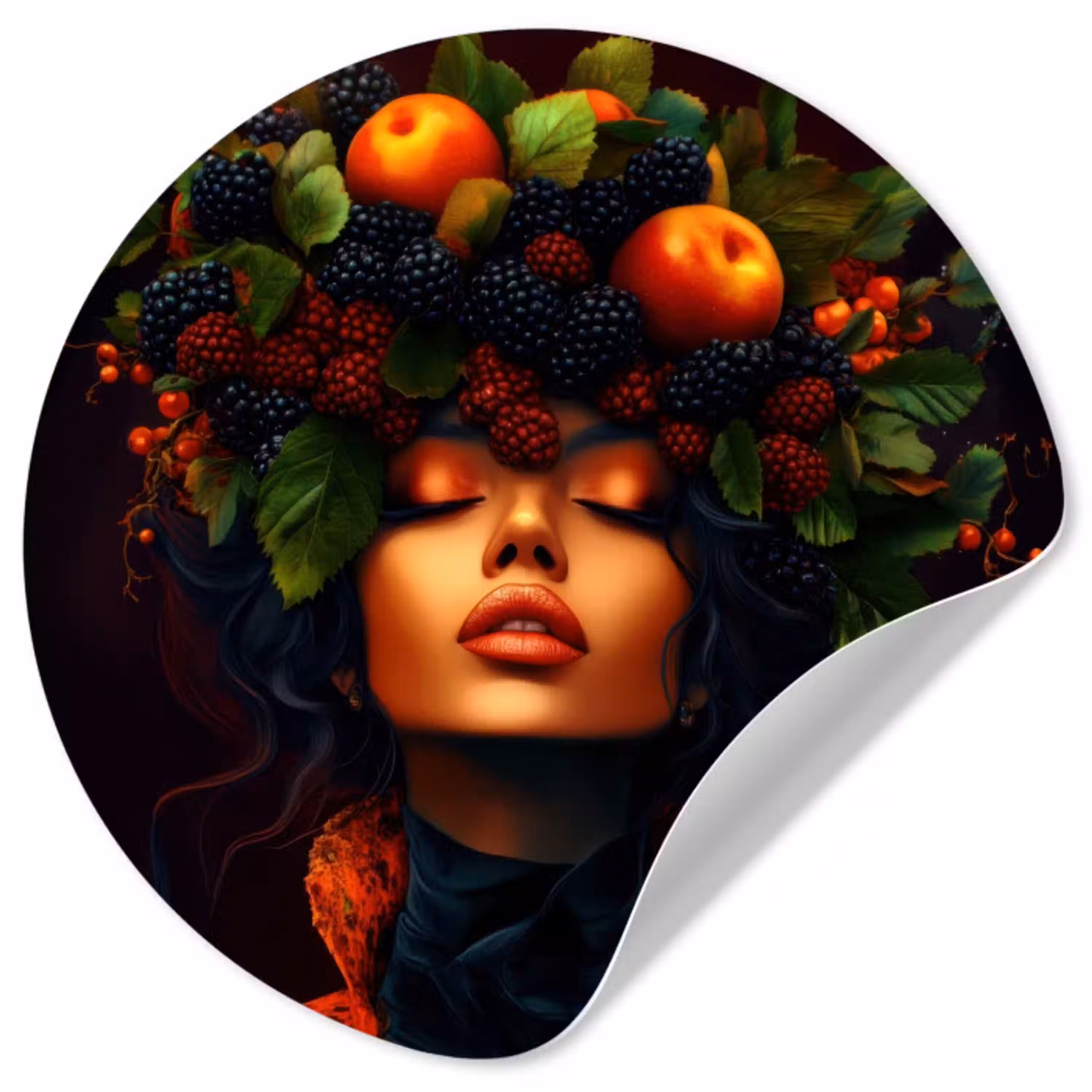 Vrouw - Zwart - Bessen - Bramen - Appels Wandcirkel behangsticker klein -3d