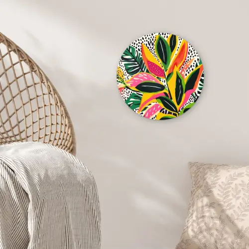 Tropisch - Bladeren - Zwart - wit Wandcirkel kunststof plaat 5mm dik klein -sfeer5