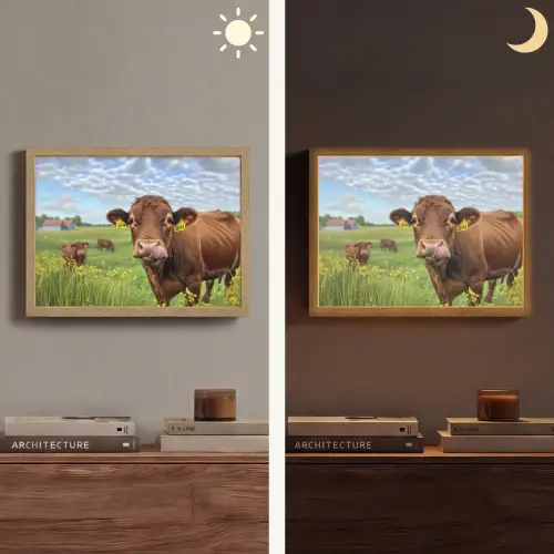 Koe - Weide - Bloemen Light Box met batterij (Wandlamp) middel -sfeer3