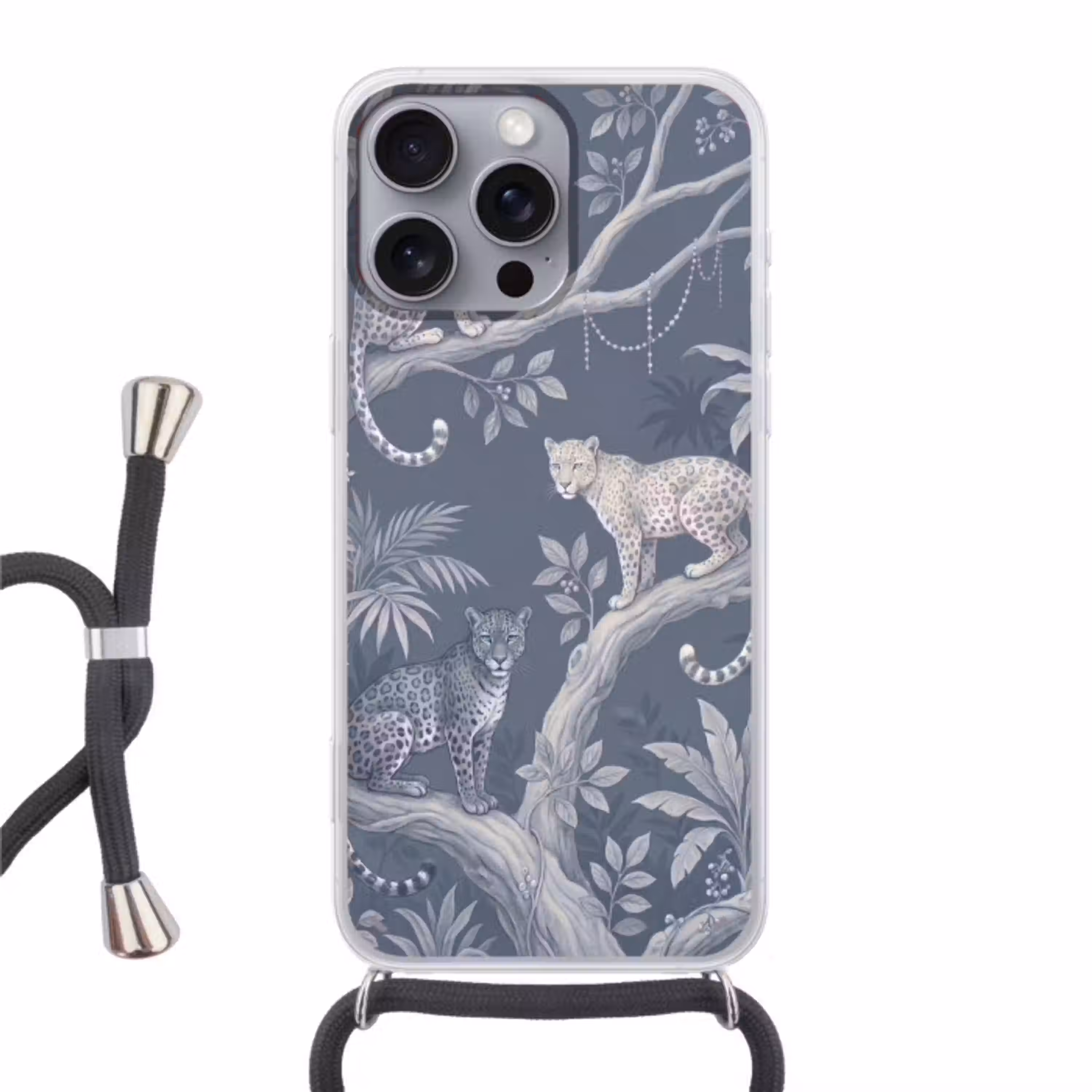 Dieren - Jungle - Illustratie - Bomen - Blauw Hoesje iPhone 16 Pro Max met koord klein -3d