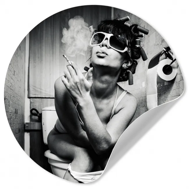Vrouw - Vintage - Krulspelden - Toilet - Sigaret Wandcirkel behangsticker klein -3d