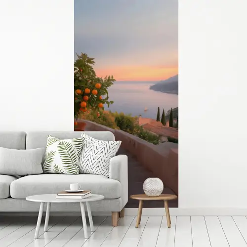 Middelandse zee - Sinaasappel - Heuvels - Zee fotobehang vinyl groot -woonkamer