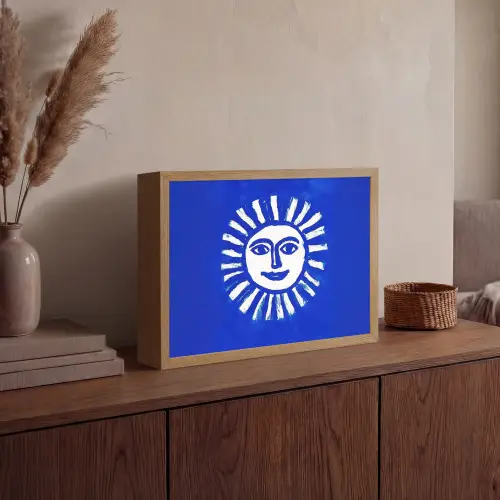 Zon - Gezicht - Penseelstructuur - Blauw Light Box met batterij (Wandlamp) middel -sfeer2