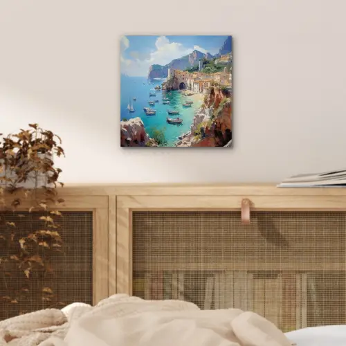 Kustdorp - Schilderij - Rotsen - Boten aluminium wit klein -sfeer3