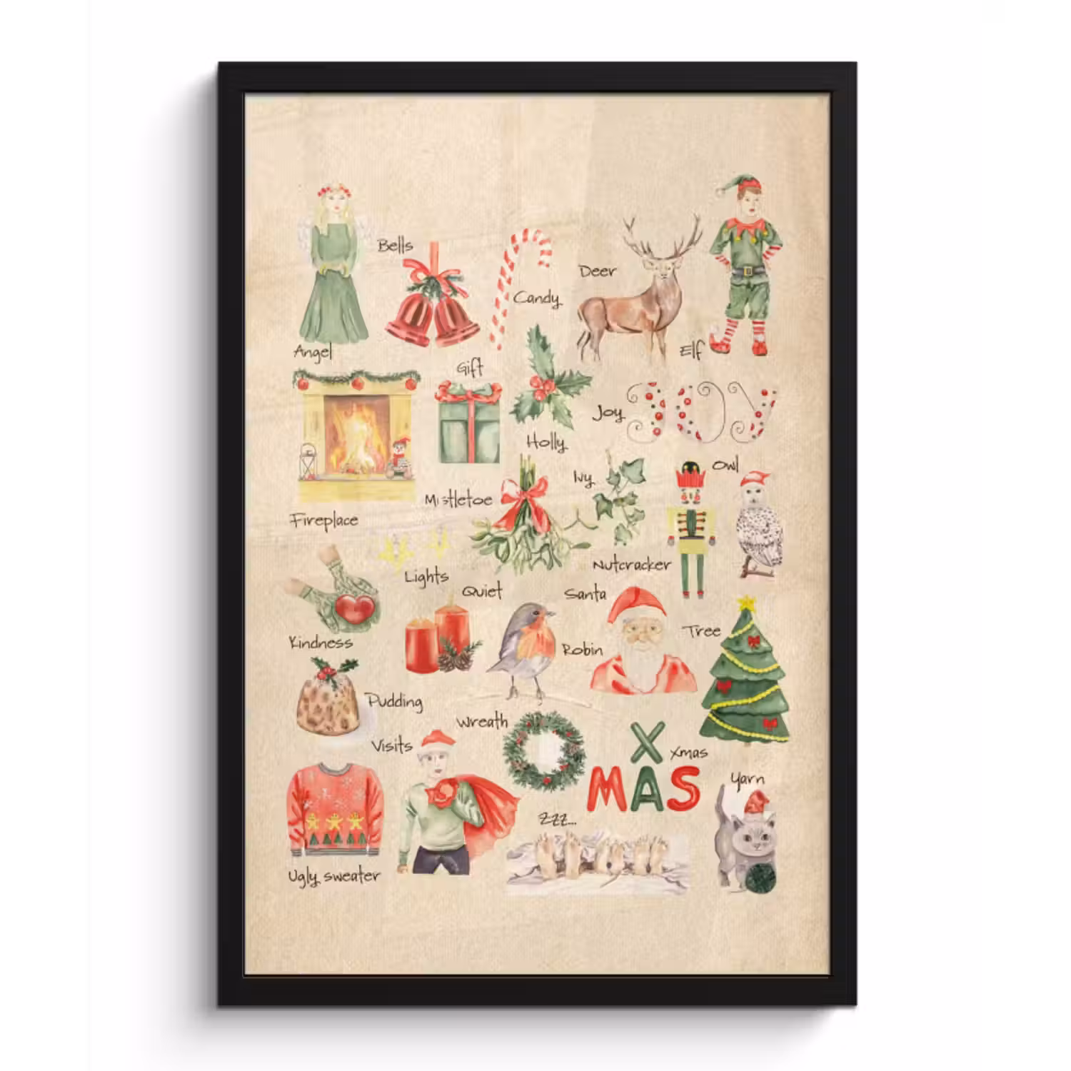 Poster met lijst - Alfabet - Kerst - Christmas - Educatief - Retro - Kind - Kinderen
