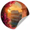 Colosseum - Rome - Roze Bloemen Wandcirkel behangsticker klein -3d