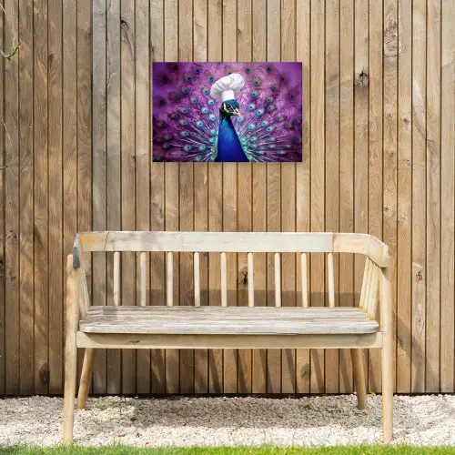 Pauw - Koksmuts - Cool - Paars Tuinposter op houten frame 2 cm dik klein -sfeer4