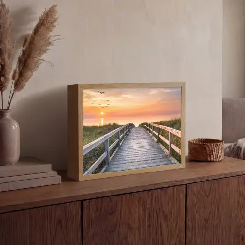 Zonsonderang - Zee - Pad - Gras - Duin - Vogels Light Box met batterij (Wandlamp) middel -sfeer2