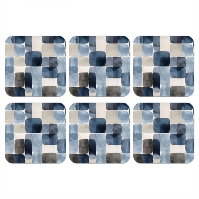 Patroon - Blauw - Vierkanten onderzetter kurk middel -3d
