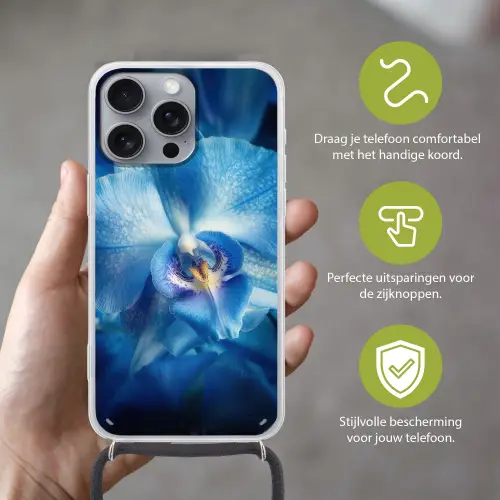 Blauw - Orchidee - Elegeant Hoesje iPhone 16 Pro Max met koord klein -sfeer2_NL