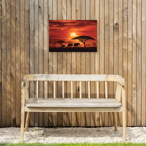 Savanne - Olifanten - Zonsondergang Tuinposter op houten frame 2 cm dik klein -sfeer4