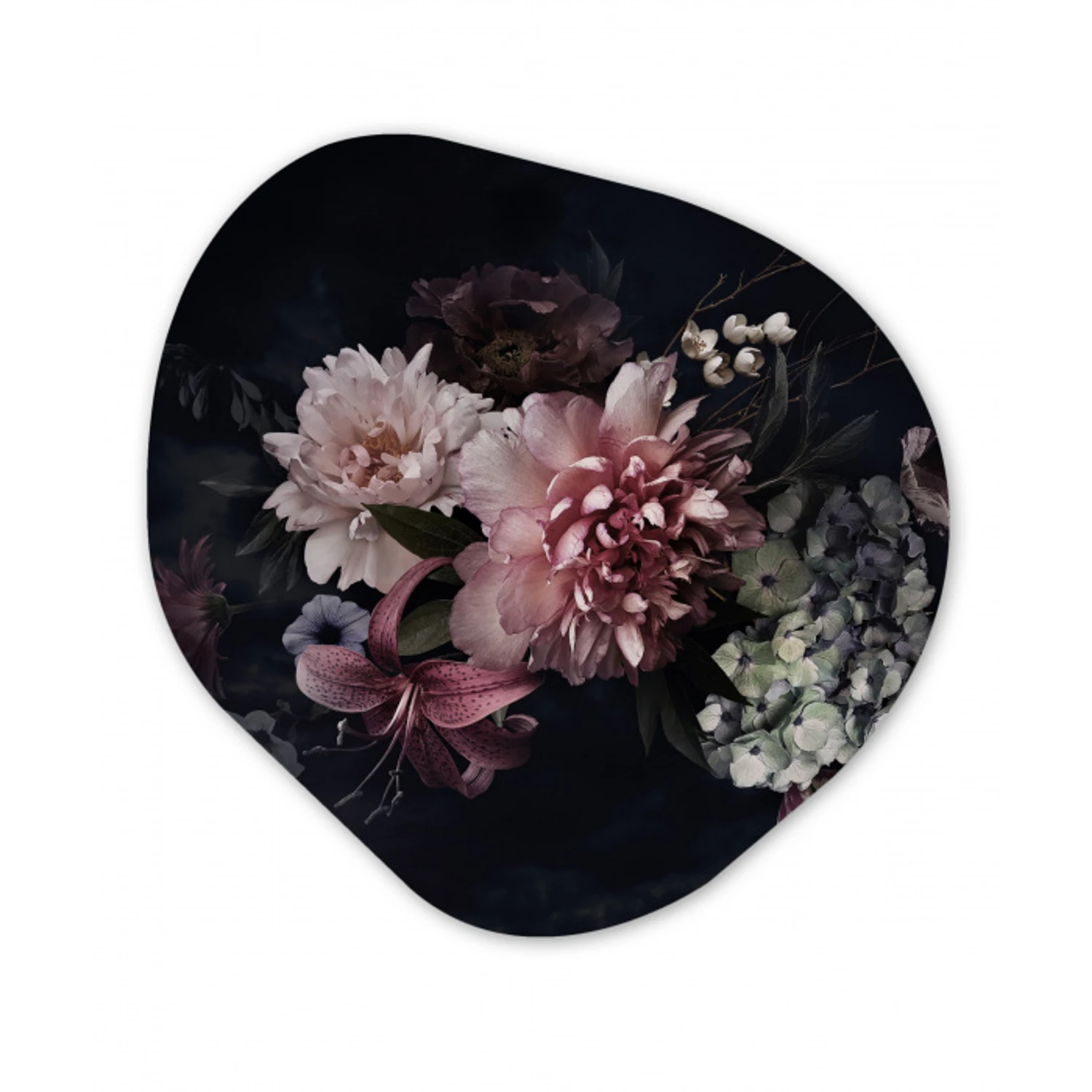 Bloemen - Vintage - Pastel - Zwart - Boeket Wandcirkel Organisch Forex 3mm klein -3d