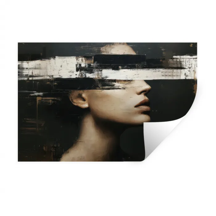 Gezicht - Vrouw - Zwart - Abstract Muursticker klein -3d