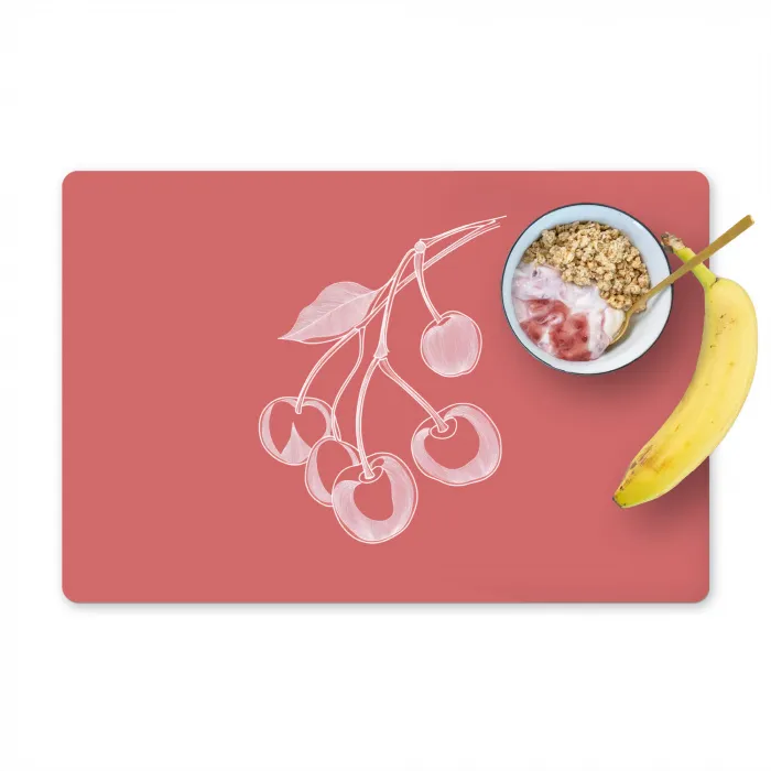 Lijnillustratie - Kersen - Tak - Wit Placemat vinyl groot -zzzproduct_Kitchenyeah-website