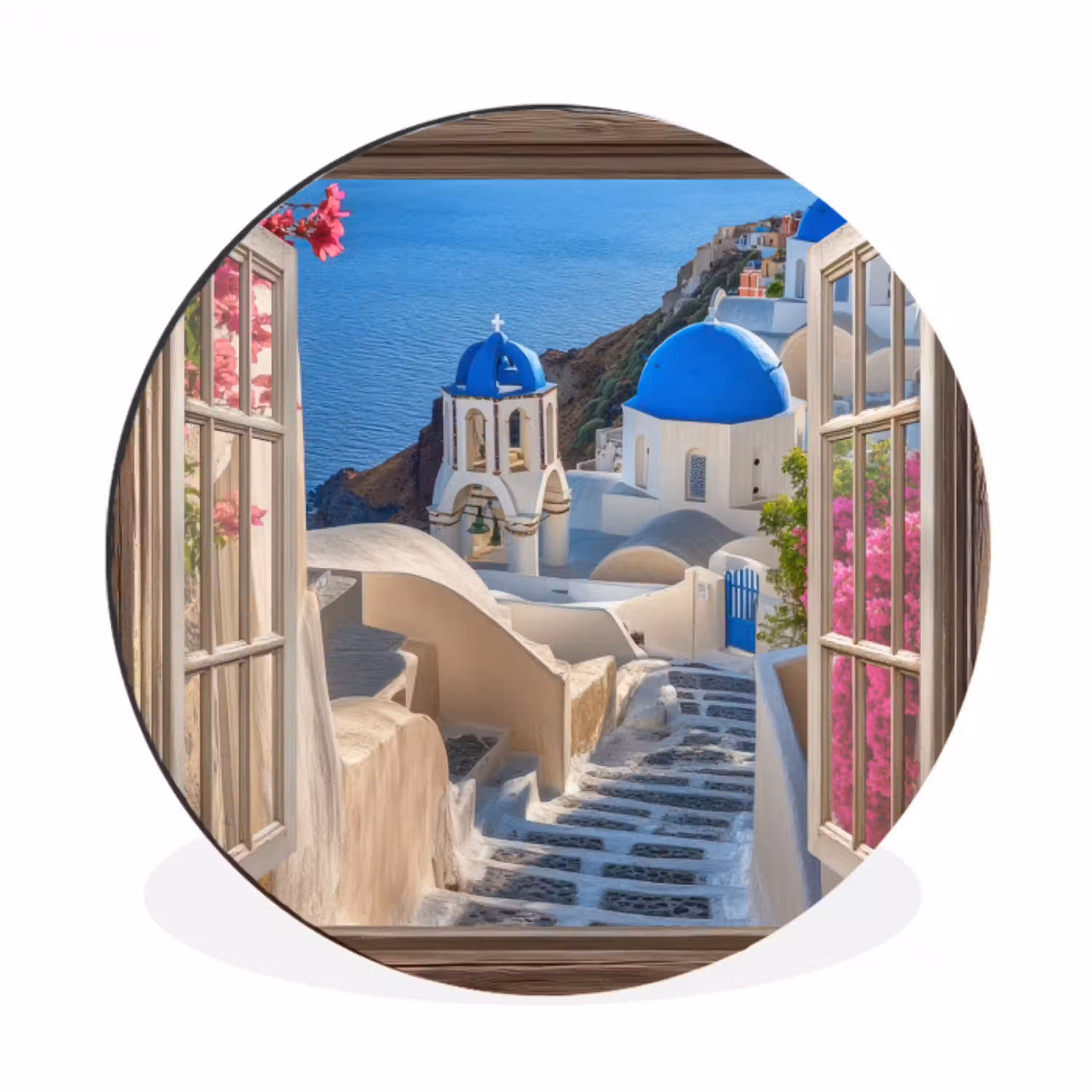 Doorkijk - Santorini - Landschap - Blauw - Grieks Wandcirkel aluminium klein -3d