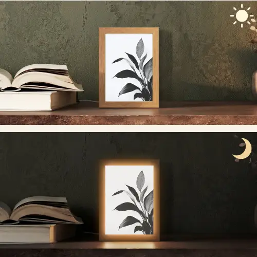 Plant - Bladeren - Minimalistisch - Zwart Light Box met kabel (Tafellamp) klein -sfeer3