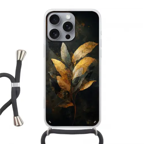 Gouden Bladcompositie – Botanische Luxe Hoesje iPhone 16 Pro Max met koord klein -3d