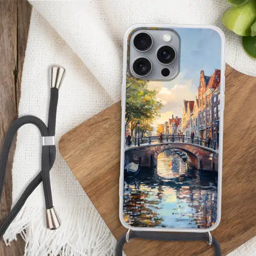 Brug - Stad - Huizen - Boot Hoesje iPhone 16 Pro Max met koord klein -sfeer4