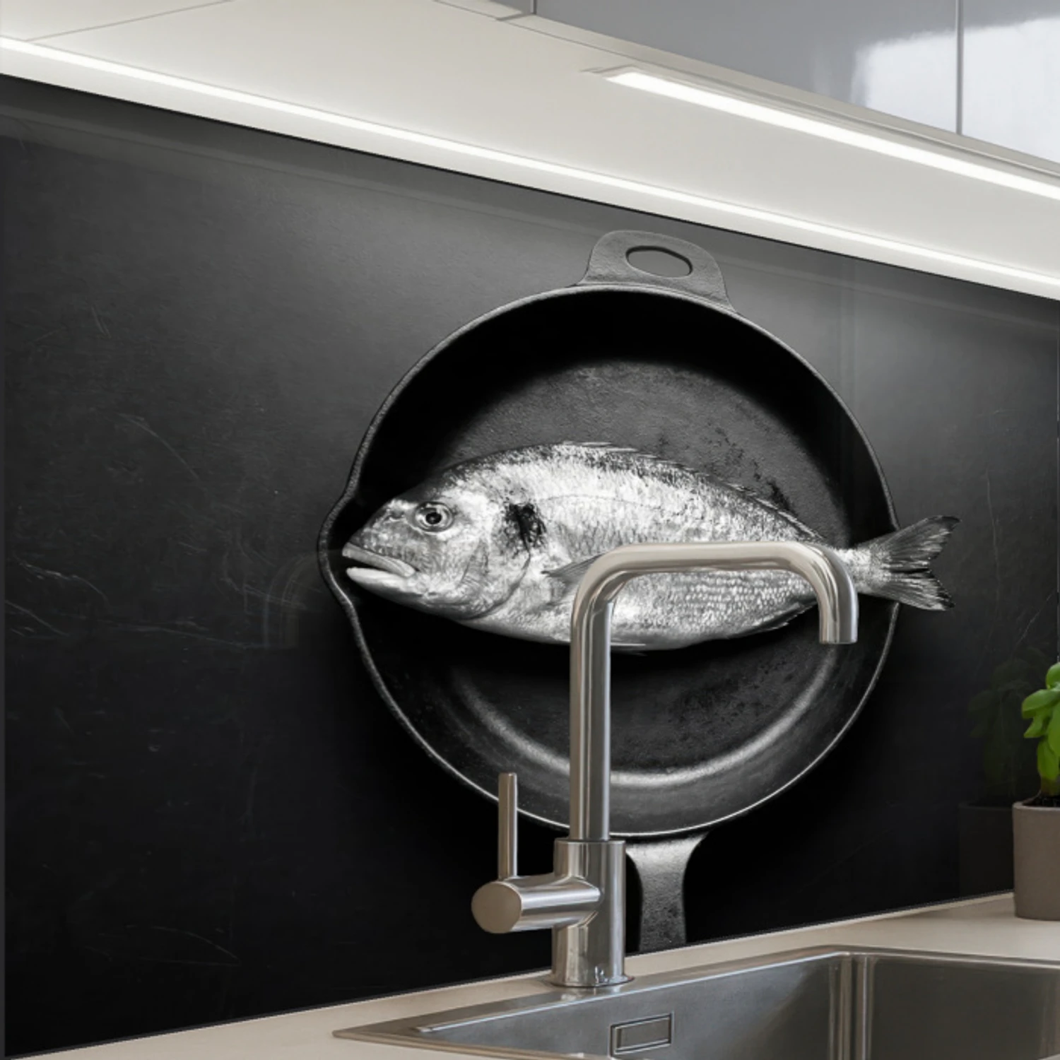 Pan - Vis - Zwart - Wit keuken achterwand 2 middel -zzzz3d_schuin