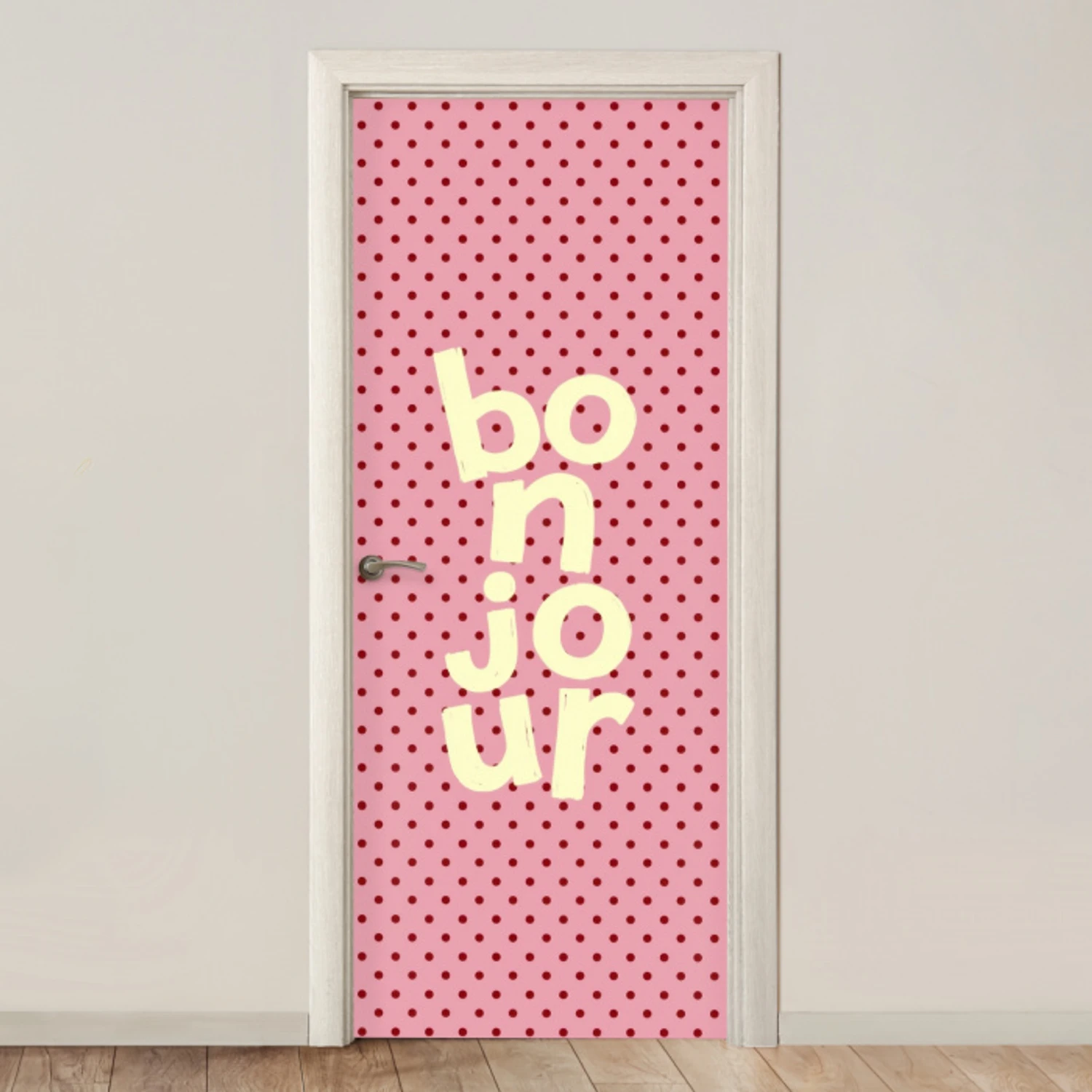 Bonjour - Stippen - Roze- Geel deurposter klein -3d_beige