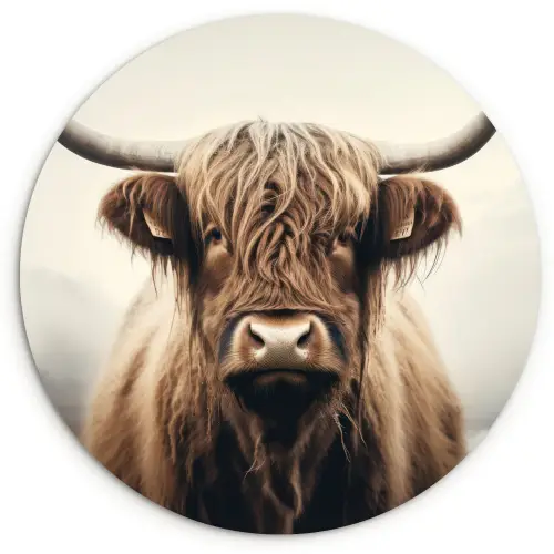 Schotse hooglander - Hoorns - Landschap Wandcirkel kunststof plaat 5mm dik klein -3d