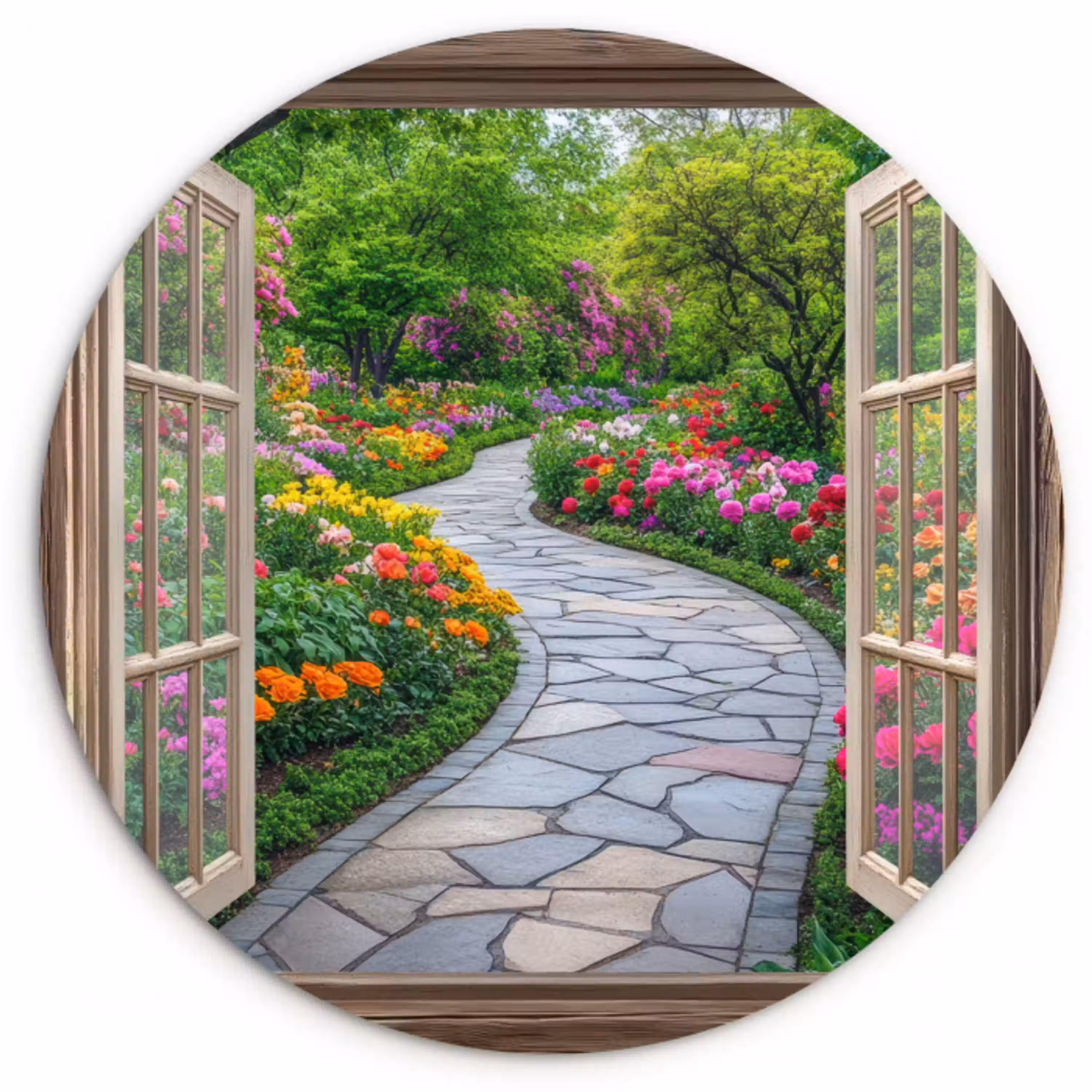 Doorkijk - Bloemen - Tuinpad - Natuur - Raam Wandcirkel kunststof plaat 5mm dik klein -3d