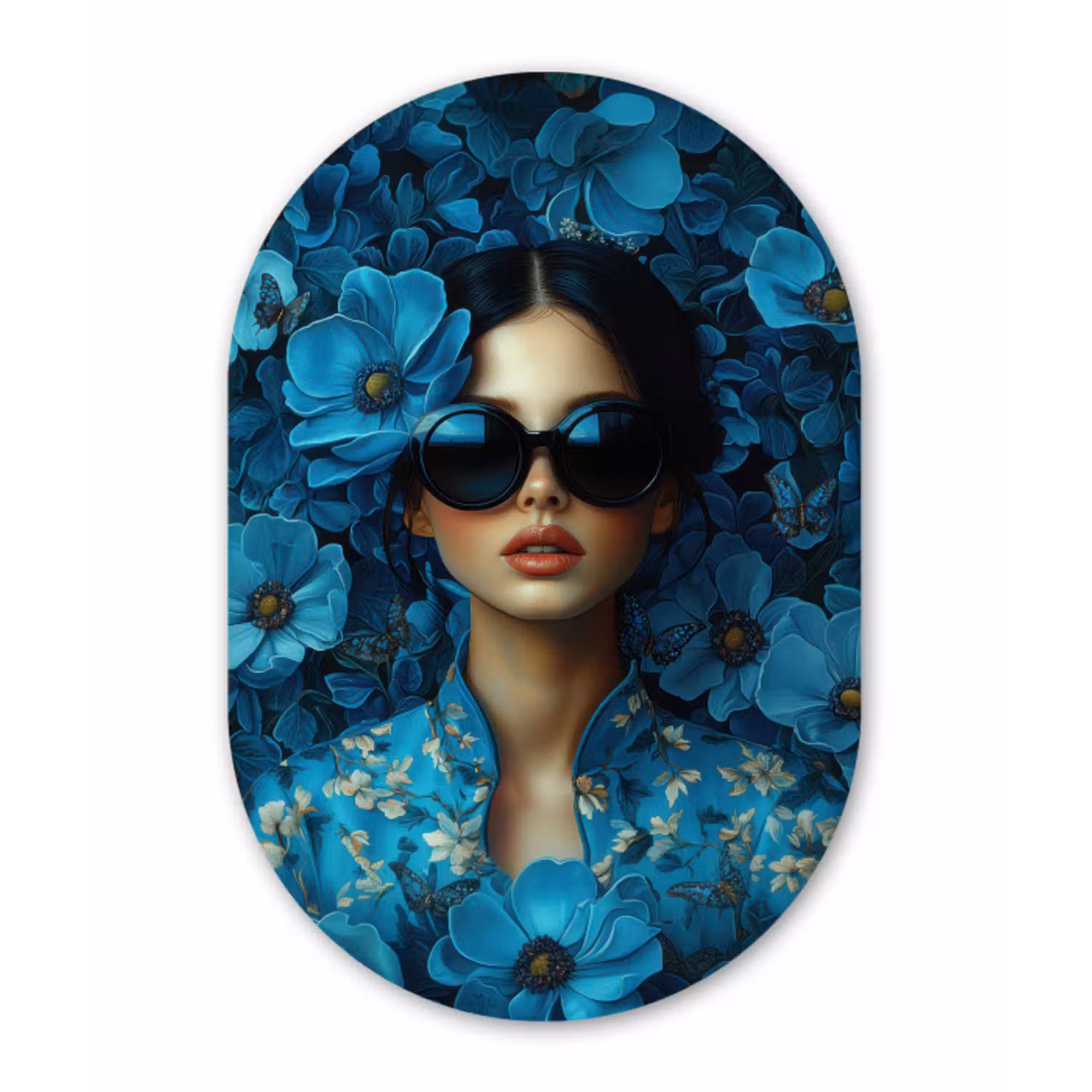Vrouw - Bloemen - Blauw - Aesthetic - Luxe Wandcirkel Ovaal Glas middel -3d