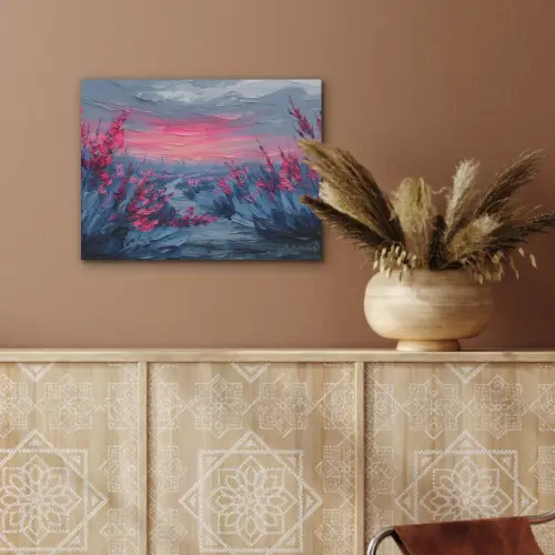 Schilderij - Zonsondergang - Bloemen - Rivier PET vilt klein -sfeer4