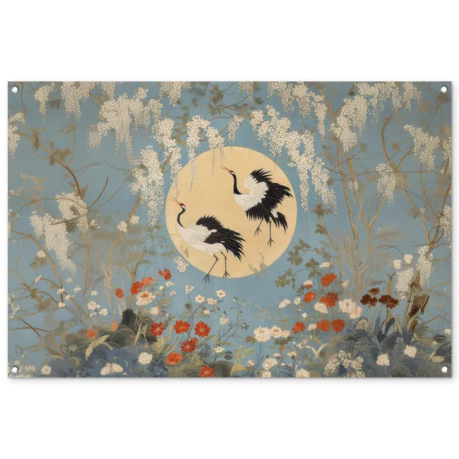 Tuinposter - Kraanvogels - Maan - Bloemen - Blauw