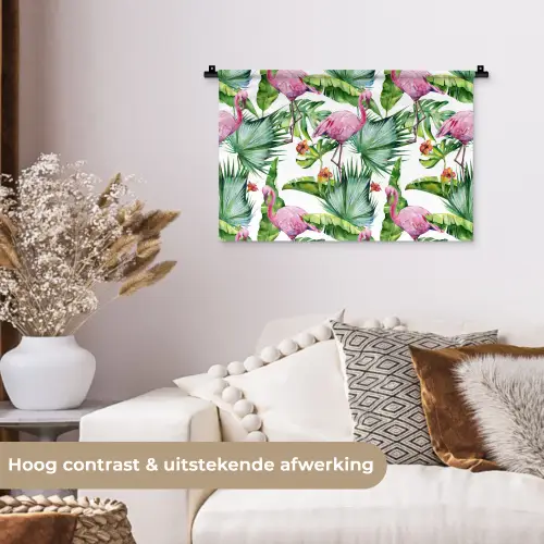 Flamingo - Bloemen - Bladeren - Jungle - Tropical Wandkleed katoen klein -sfeer1