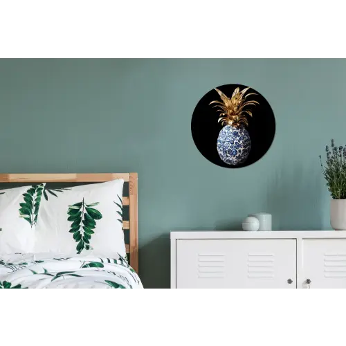Ananas - Bloemen patroon - Goud - Delftsblauw Wandcirkel aluminium klein -slaapkamer